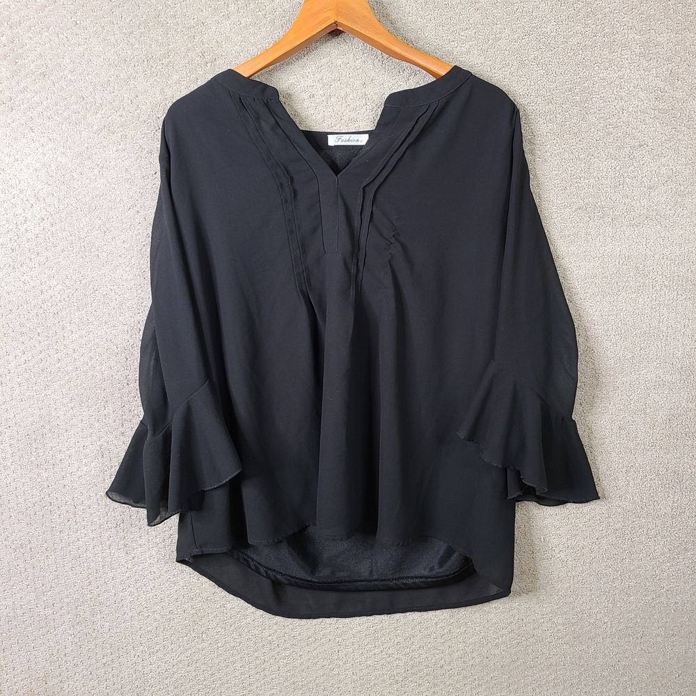 Fashion Shirt Womens 2XL Black V Neck Bell Sleeve Chiffon Blouse Casual Career